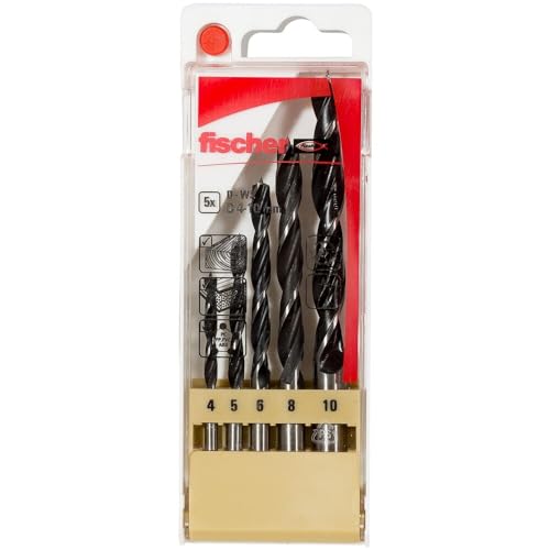 fischer Holzbohrer Set, 4-10 mm Durchmesser, Aufsätze für Bohrmaschinen, Bohrerset mit verschiedenen Größen, Werkzeug zum Bohren in Weich- und Hartholz, 5er Pack von fischer