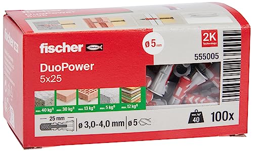 fischer 555005 DUOPOWER 5 x 25, Universaldübel, leistungsstarker 2-Komponenten-Dübel, Kunststoffdübel zur Befestigung in Beton, Ziegeln, Stein, Gipskarton uvm., ohne Schrauben, 100 Stück von fischer