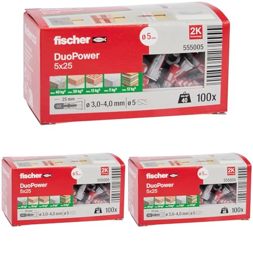 fischer 555005 DUOPOWER 5 x 25, Universaldübel, leistungsstarker 2-Komponenten-Dübel, Kunststoffdübel zur Befestigung in Beton, Ziegeln, Stein, Gipskarton uvm., ohne Schrauben, 100 Stück von fischer