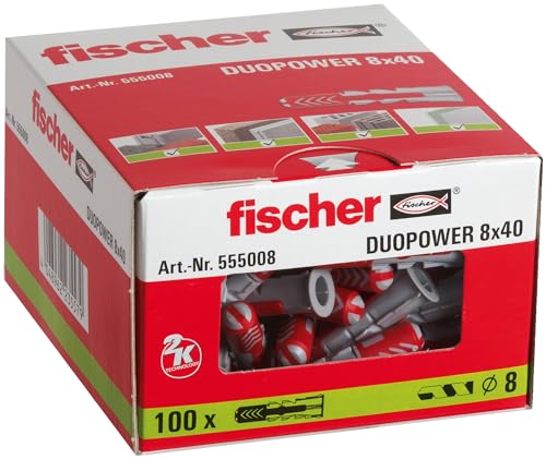 fischer DuoPower 8 x 40, Universaldübel, leistungsstarker 2-Komponenten-Dübel, Kunststoffdübel zur Befestigung in Beton, Ziegeln, Stein, Gipsbauplatten uvm., ohne Schrauben, 100 Stück von fischer