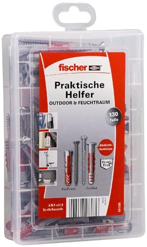 fischer 561385 Feucht & Außen, Dübelbox, 130-teilig mit Edelstahlschrauben & DUOPOWER & DUOSEAL, Set für Befestigungen Out-und Indoor Praktischer Helfer, rot von fischer