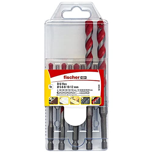 fischer Universalbohrer Set, 5 - 12 mm Durchmesser, Aufsätze für Bohrmaschinen, Bohrerset mit verschiedenen Größen, Verschleißfester Bohrer zum Bohren in unterschiedliche Materialen, 5er Pack von fischer