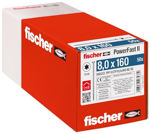 fischer PowerFast II CTP 8,0 x 160, kraftvolle Holzbauschraube mit Senkkopf, Innenstern-Aufnahme und Teilgewinde, für den konstruktiven Holzbau, 50 Stk. von fischer