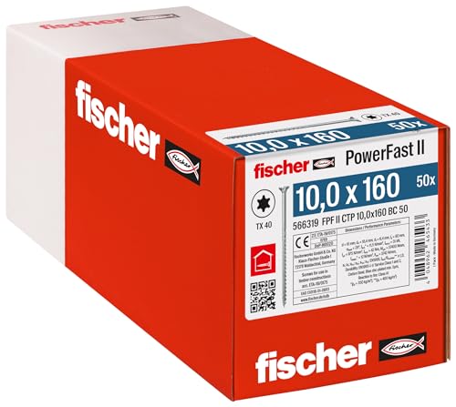 fischer PowerFast II CTP 10,0 x 160, kraftvolle Holzbauschraube mit Senkkopf, Innenstern-Aufnahme und Teilgewinde, für den konstruktiven Holzbau, 50 Stk. von fischer