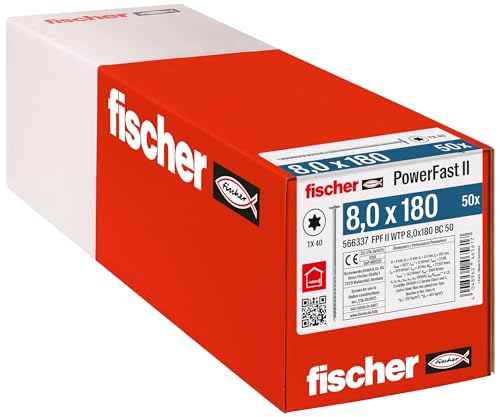 fischer PowerFast II WTP 8,0 x 180, kraftvolle Holzbauschraube mit Tellerkopf, Innenstern-Aufnahme und Teilgewinde, für den konstruktiven Holzbau, 50 Stk. von fischer