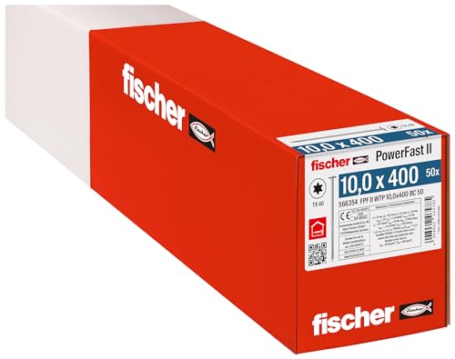 fischer PowerFast II WTP 10,0 x 400, kraftvolle Holzbauschraube mit Tellerkopf, Innenstern-Aufnahme und Teilgewinde, für den konstruktiven Holzbau, 50 Stk. von fischer