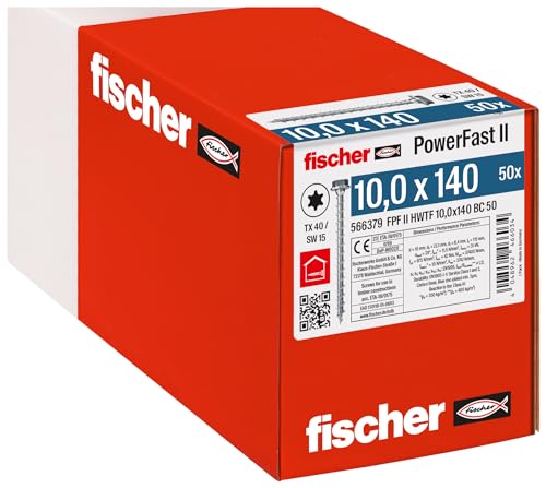 fischer PowerFast II HWTF 10,0 x 140, kraftvolle Holzbauschraube mit Sechskantkopf, Innenstern-Aufnahme und Vollgewinde, für den konstruktiven Holzbau, 50 Stk. von fischer