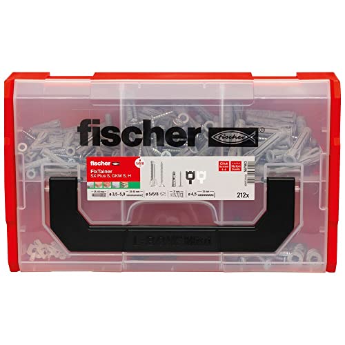 fischer FixTainer SX-Plus-Dübel, Schrauben- und Haken-Box, Dübelset mit 212 Teilen, für Beton, Voll- und Lochbaustoffe, praktische Werkzeugkiste mit Tragegriff & Klicksystem, Dübelset von fischer