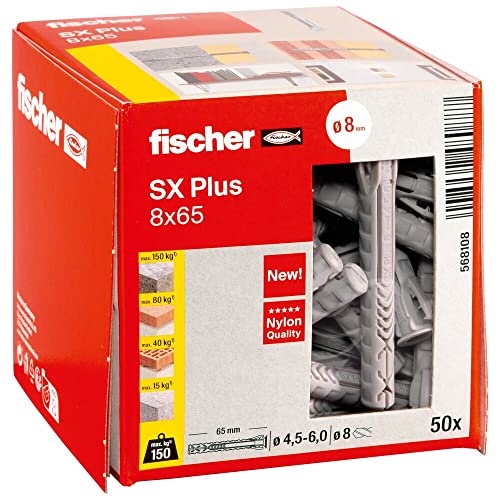 fischer Spreizdübel SX 8 Plus x 65, Schachtel mit 50 Nylondübeln, Dübel für optimalen Halt bei Befestigungen in Beton, Vollziegel, Porenbeton, Hochlochziegel uvm. von fischer