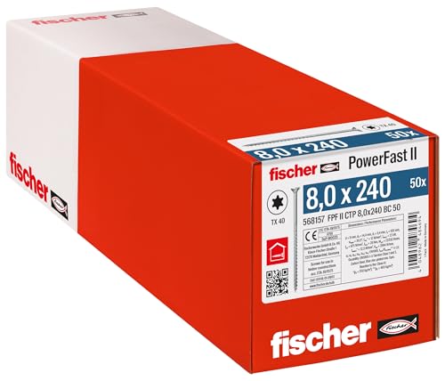 fischer PowerFast II CTP 8,0 x 240, kraftvolle Holzbauschraube mit Senkkopf, Innenstern-Aufnahme und Teilgewinde, für den konstruktiven Holzbau, 50 Stk. von fischer