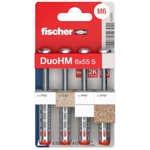 fischer 572913 DuoHM Hohlraumdübel 6 x 55 S PZ mit metrischer Flachkopfschraube und PZ Antrieb zur Befestigung von TV-Halterungen, Leuchten, Wandregalen etc. in Plattenbaustoffen (4 Stück) von fischer