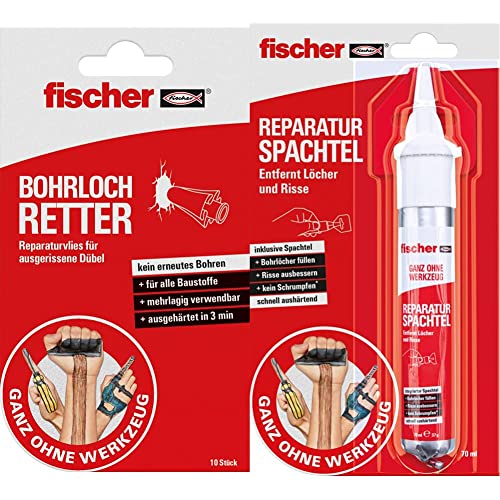 fischer BOHRLOCH RETTER, Reparaturvlies für ausgerissene Dübel in Weiß, 10 Stück & REPARATUR SPACHTEL, 1x Reparaturspachtel-Tube, 70ml, Bohrlöcher füllen, Risse ausbessern, schnell aushärtend von fischer