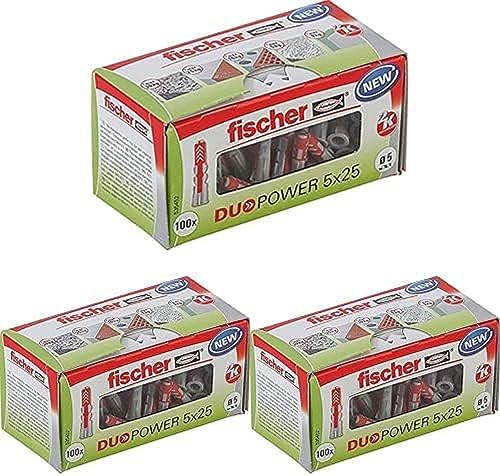 fischer DUOPOWER 5 x 25, Universaldübel, leistungsstarker 2-Komponenten-Dübel, Kunststoffdübel zur Befestigung in Beton, Ziegeln, Stein, Gipskarton uvm., ohne Schrauben, 100 Stück, 3er Pack von fischer