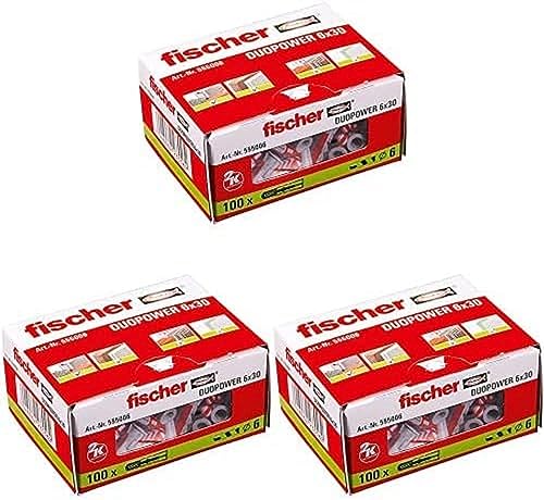 fischer DUOPOWER 6 x 30, Universaldübel, leistungsstarker 2-Komponenten-Dübel, Kunststoffdübel zur Befestigung in Beton, Ziegeln, Stein, Gipskarton uvm., ohne Schrauben, 100 Stück, 3er Pack von fischer