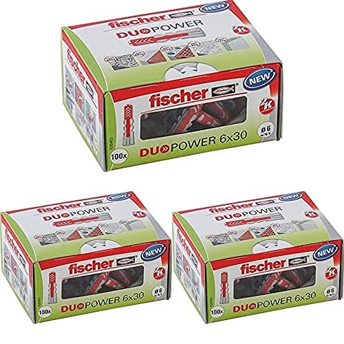 fischer DUOPOWER 6 x 30, Universaldübel, leistungsstarker 2-Komponenten-Dübel, Kunststoffdübel zur Befestigung in Beton, Ziegeln, Stein, Gipskarton uvm., ohne Schrauben, 100 Stück, 3er Pack von fischer