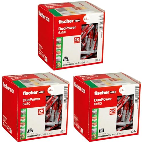 fischer DUOPOWER 6 x 50, Universaldübel, leistungsstarker 2-Komponenten-Dübel, Kunststoffdübel zur Befestigung in Beton, Ziegeln, Stein, Gipskarton UVM., ohne Schrauben, 100 Stück (Packung mit 3) von fischer