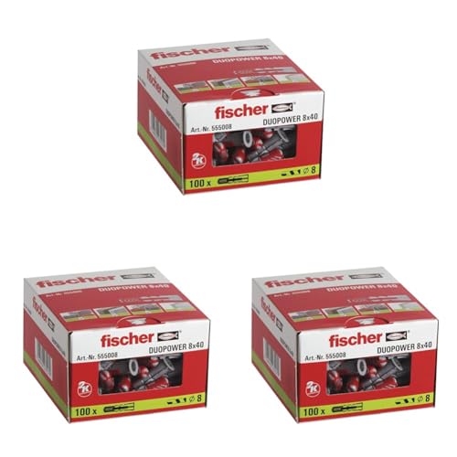 fischer DUOPOWER 8 x 40, Universaldübel, leistungsstarker 2-Komponenten-Dübel, Kunststoffdübel zur Befestigung in Beton, Ziegeln, Stein, Gipsbauplatten uvm., ohne Schrauben, 100 Stück (Packung mit 3) von fischer