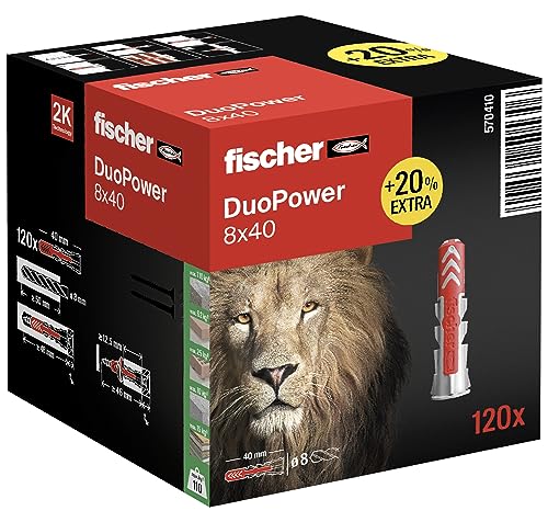 fischer DuoPower 8 x 40 in der attraktiven Löwen-Aktionsbox, Universaldübel, leistungsstarker 2-Komponenten-Dübel zur Befestigung in Beton, Ziegeln, Stein, uvm., mit 20% mehr Inhalt, 120 Stück von fischer