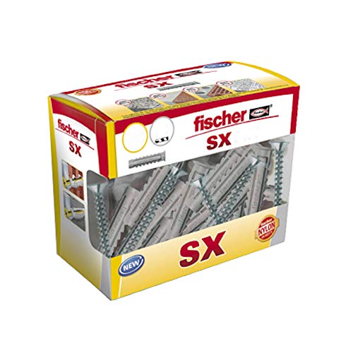 fischer 553438, DIY Dübel SX Schrauben, Wanddübel, Aufhängen von Bildern, Befestigung von Lampen, Box Stück, grau, 5x25 40 tacos + tornillos von fischer