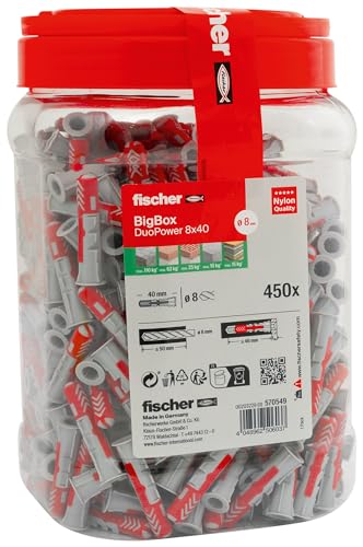 fischer DuoPower BigBox 8 x 40, Universaldübel, leistungsstarker 2-Komponenten-Dübel, Kunststoffdübel zur Befestigung in Beton, Ziegeln, Stein, Gipsbauplatten uvm., ohne Schrauben, 450 Stück von fischer