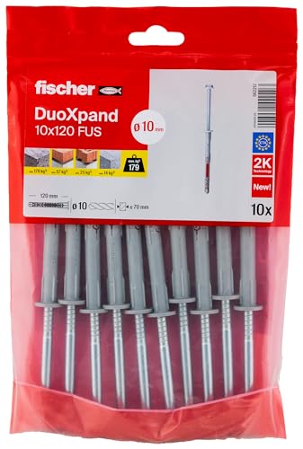 fischer DuoXpand 10 x 120 FUS, hochwertiger Universaldübel mit Sechskantschraube & angeformter U-Scheibe (10 Stk.), Dübel für starken Halt, ideal für poröse Baustoffe & randnahe Verankerungen von fischer