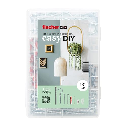 fischer EasyDIY Dekobox, Einrichtungsbox mit Haken, Schrauben, Dübeln und mehr, geeignet für DIY-Enthusiasten zum Befestigen kreativer Deko-Ideen, vorsortiertes Set in Kunststoffbox, 131 Teile von fischer