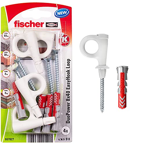 fischer EasyHook Loop K (4), Set aus 4 Ösenhaken-Schrauben und DuoPower 8 x 40 Dübeln, Spanplattenschrauben mit Haken, flexible Schraubhaken zur Montage in zahlreichen Baustoffen von fischer