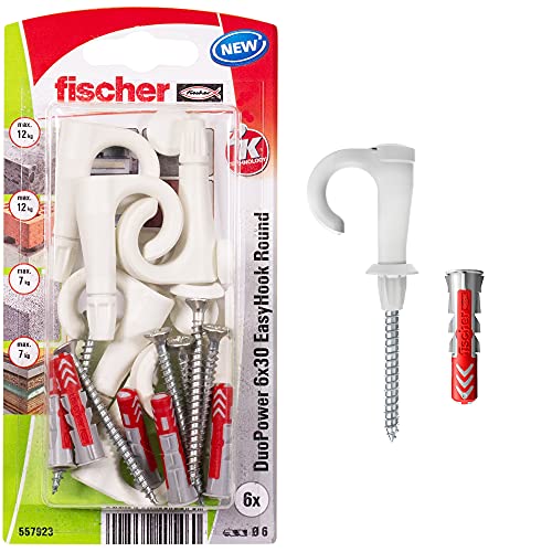 fischer EasyHook Round 6, Set aus 6 vielseitig einsetzbaren Rundhaken und 6 passenden DuoPower 6x30 Dübeln, für die einfache & schnelle Montage in zahlreichen Baustoffen von fischer