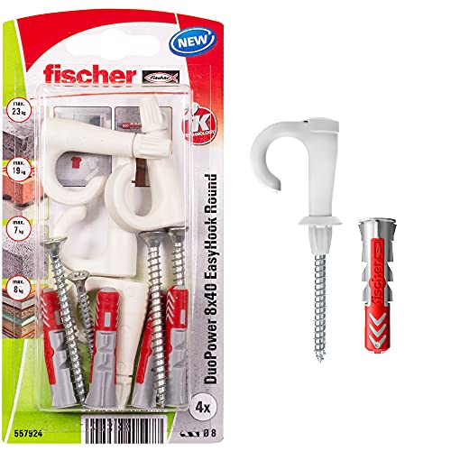 fischer EasyHook Round K (4), Set aus 4 Rundhaken-Schrauben und DuoPower 8 x 40 Dübeln, Spanplattenschrauben mit Haken, flexible Schraubhaken zur Montage in zahlreichen Baustoffen von fischer