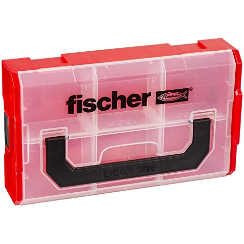 fischer FIXtainer, Sortierbox für Kleinteile, universelle Aufbewahrungs-Box für Dübel, Schrauben & Muttern, stapelbare Werkzeugkiste mit Tragegriff & Klicksystem, Dübelbox, Rot (Packung mit 2) von fischer