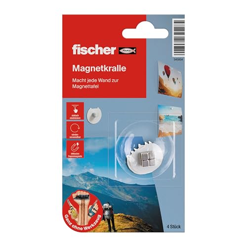 fischer Magnetkralle, schnelle Befestigung ohne Bohren, mit starken Neodym Würfel Magneten, wiederverwendbar, zur magnetischen Anbringung von Postern, Bildern, Karten, uvm. von fischer