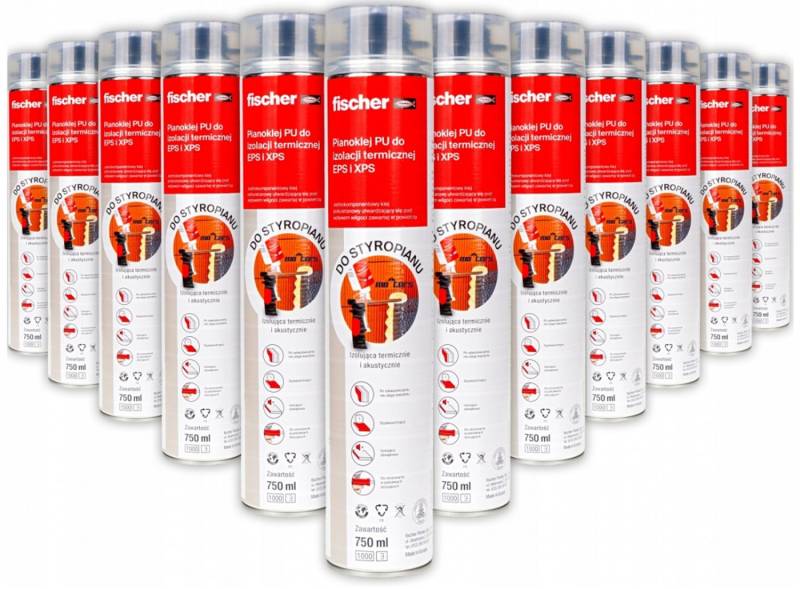 fischer Montagekleber PUP P750 Klebeschaum Styropor XPS Dämmung PU-Pistolenschaum 12 Stück, (12-tlg) von fischer