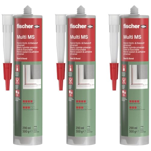 fischer Multi MS Kleb- und Dichtstoff im 3er Set, wasserfester Montagekleber für elastische Verklebungen, MS-Polymer für viele Anwendungen & Untergründe, 290 ml, weiß [Amazon Exclusive] von fischer