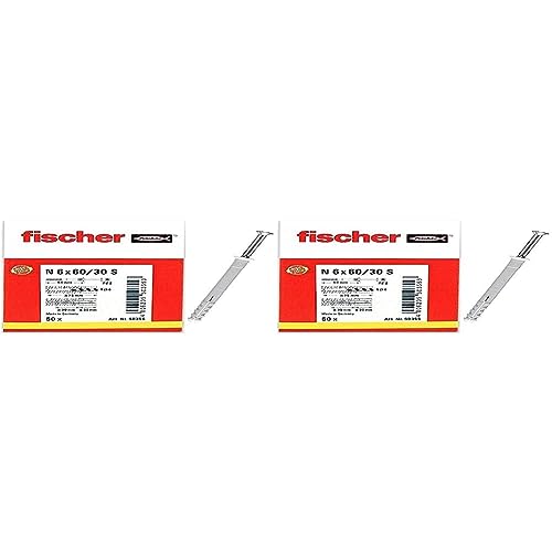 fischer Nageldübel 6 x 60/30 S, hochwertige Nylondübel mit verzinkter Senkkopfschraube (50 Stk.), Dübel für optimalen Halt bei Befestigungen in Beton, Mauerziegel und Naturstein (Packung mit 2) von fischer