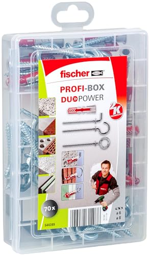 fischer PROFI-BOX DUOPOWER mit Haken, Dübelbox mit 70 Teilen (20 Stk. 6 x 30, 20 Stk. 8 x 40, 30 Stk. Winkel-, Rund- und Ösenhaken), Universaldübel, praktische Dübelkiste für Heimwerker & Profis von fischer