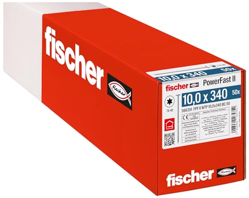 fischer PowerFast II WTP 10,0 x 340, kraftvolle Holzbauschraube mit Tellerkopf, Innenstern-Aufnahme und Teilgewinde, für den konstruktiven Holzbau, 50 Stk. von fischer