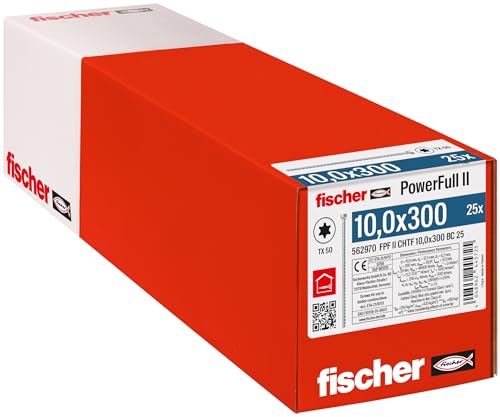 fischer PowerFull II 10,0 x 300, Premium Vollgewindeschraube (25 Stk.) mit innovativer Spitzengeometrie, Stahlschraube für tragende Holzkonstruktionen mit Zylinderkopf, vermindert Spaltrisiko von fischer