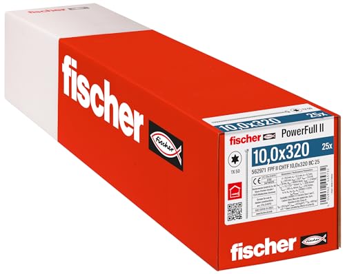 fischer PowerFull II 10,0 x 320, Premium Vollgewindeschraube (25 Stk.) mit innovativer Spitzengeometrie, Stahlschraube für tragende Holzkonstruktionen mit Zylinderkopf, vermindert Spaltrisiko von fischer