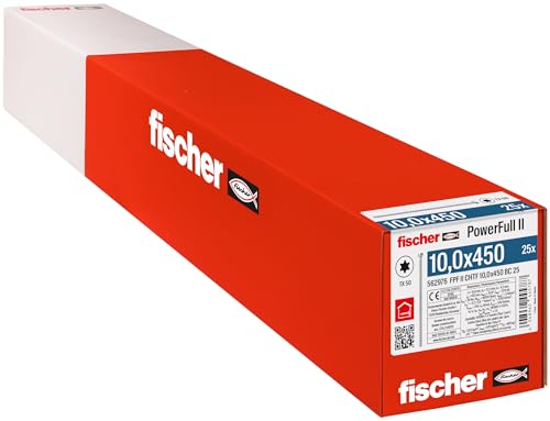 fischer PowerFull II 10,0 x 450, Premium Vollgewindeschraube (25 Stk.) mit innovativer Spitzengeometrie, Stahlschraube für tragende Holzkonstruktionen mit Zylinderkopf, vermindert Spaltrisiko von fischer