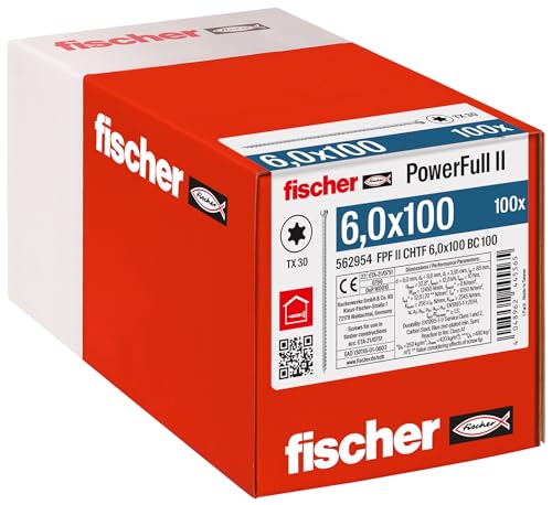 fischer PowerFull II 6,0 x 100, Premium Vollgewindeschraube (100 Stk.) mit innovativer Spitzengeometrie, Stahlschraube für tragende Holzkonstruktionen mit Zylinderkopf, vermindert Spaltrisiko von fischer
