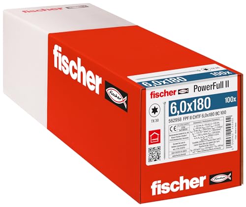 fischer PowerFull II 6,0 x 180, Premium Vollgewindeschraube (100 Stk.) mit innovativer Spitzengeometrie, Stahlschraube für tragende Holzkonstruktionen mit Zylinderkopf, vermindert Spaltrisiko von fischer