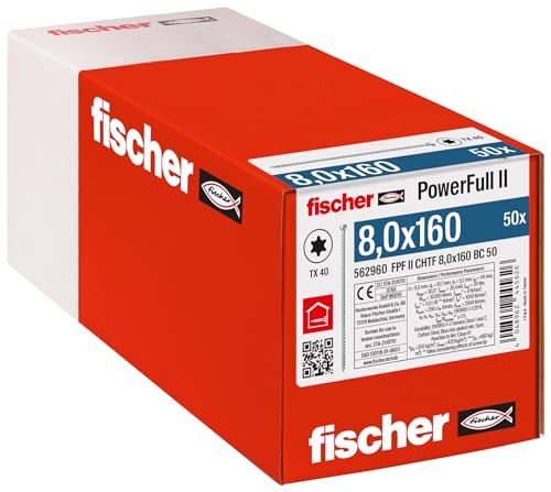 fischer PowerFull II 8,0 x 160, Premium Vollgewindeschraube (50 Stk.) mit innovativer Spitzengeometrie, Stahlschraube für tragende Holzkonstruktionen mit Zylinderkopf, vermindert Spaltrisiko von fischer