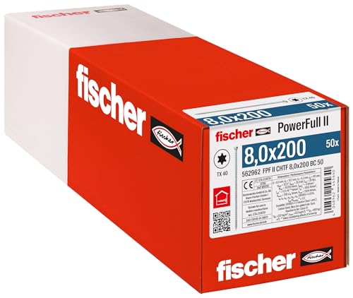 fischer PowerFull II 8,0 x 200, Premium Vollgewindeschraube (50 Stk.) mit innovativer Spitzengeometrie, Stahlschraube für tragende Holzkonstruktionen mit Zylinderkopf, vermindert Spaltrisiko von fischer