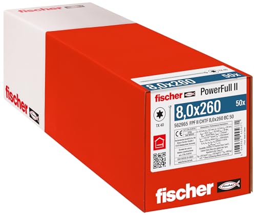 fischer PowerFull II 8,0 x 260, Premium Vollgewindeschraube (50 Stk.) mit innovativer Spitzengeometrie, Stahlschraube für tragende Holzkonstruktionen mit Zylinderkopf, vermindert Spaltrisiko von fischer