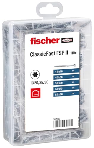 fischer Profi-Box ClassicFast II Spanplattenschraube, vorsortierte Sortimentsbox mit 110 blauverzinkten Schrauben im Durchmesser 4,0 - 6,0 mm, Senkkopf, TX-Antrieb und Teilgewinde, für Holzbaustoffe fischer Profi-Box ClassicFast II Spanplattenschraube, vorsortierte Sortimentsbox mit 110 blauverzinkten Schrauben im Durchmesser 4,0 - 6,0 mm, Senkkopf, TX-Antrieb und Teilgewinde, für Holzbaustoffe von fischer