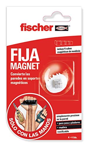 fischer 548833 Powerful Sclm Fijamagnet Blister Pack 4 Stück Magnethalter zum Aufhängen von Objekten an der Wand ohne Bohrer oder Werkzeug, ideal für weiche Oberflächen, einfache Anwendung, weiß von fischer