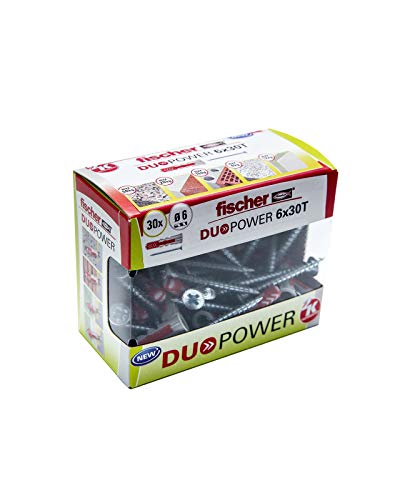 fischer Taco Dübel DuoPower 6 x 30 T (Box Dübeln + 30 Schrauben), 536390, grau+rot, 6x30 S von fischer
