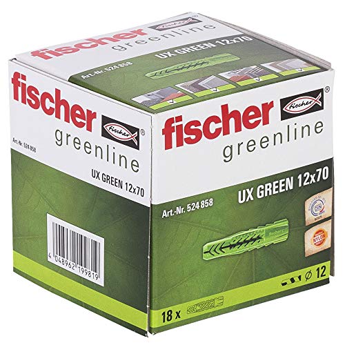 FISCHER Universaldübel UX GREEN 12 x 70, je 18 nachhaltige Dübel, Allzweckdübel aus nachwachsenden Rohstoffen, ohne Rand für optimalen Halt in Beton, Gipskarton, Kalksand-Lochstein uvm. von fischer