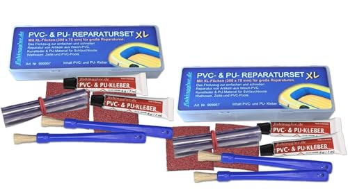 fishingglue.de 2er-Pack PVC- & PU-Reparatur-Set XL, Wasser- & UV- beständiges Vinyl, PVC, PU-Plastik-Flickzeug Schlauchboot Zelt Pool Gewebe Planen Markise Isomatte Luftmatratze bis 60°C wärmestabil von fishingglue.de