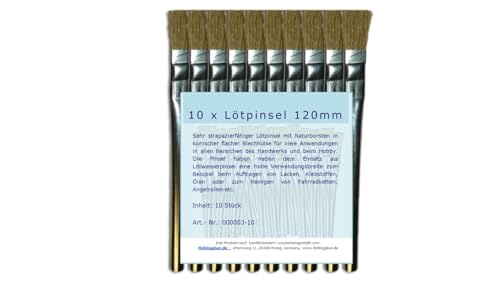 Lötpinsel 120 mm - 10er Pack + fishingglue-Produktbeschreibung, strapazierfähige Naturborsten-Pinsel mit Blechhülsen-Stiel für Bohrwasser, Flussmittel u.v.m. von fishingglue.de